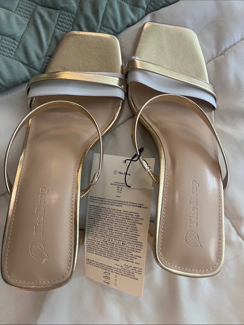 The Drop Women's Gold Square-Toe Strappy Sandals with White Accent